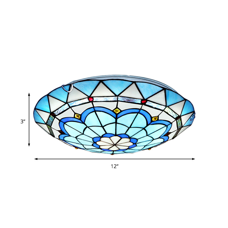 12"/16"/19.5" Wide Baroque Bowl Flush Ceiling Light Stained Glass Indoor Flush Mount Light in Blue/Blue-Brown