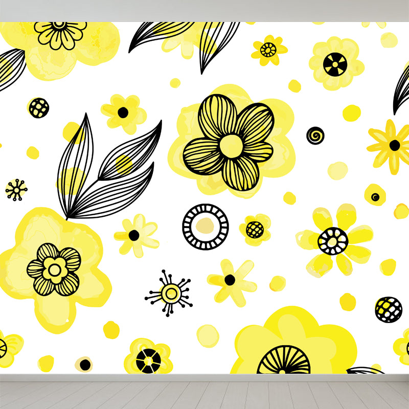 Flower and Leaf Print Mural Modern Waterproof Girls Bedroom Wall Art, Custom Size