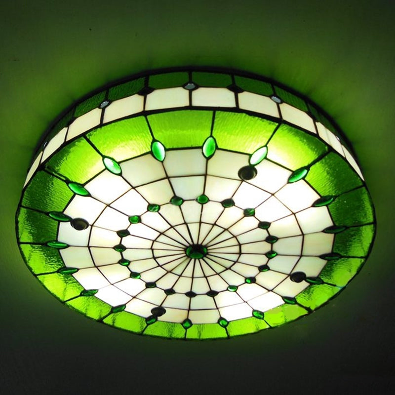 Green Round Ceiling Light Fixture Retro Style Stained Glass 3 Lights Flush Mount Ceiling Fixture