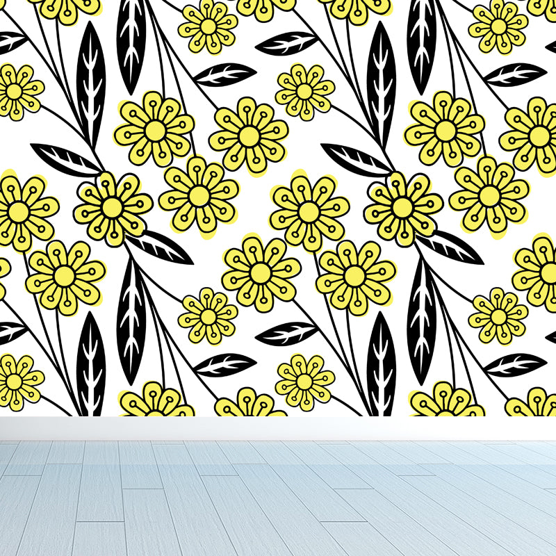 Flower and Leaf Print Mural Modern Waterproof Girls Bedroom Wall Art, Custom Size