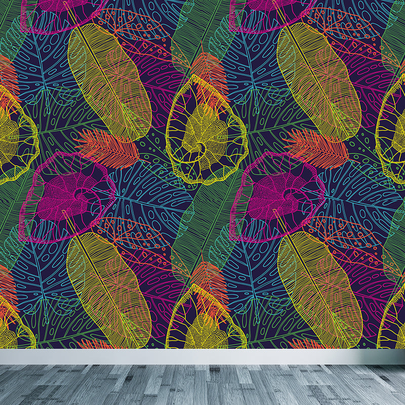 Botanical Leaf Printed Wallpaper Mural Contemporary Non-Woven Wall Art in Dark Color