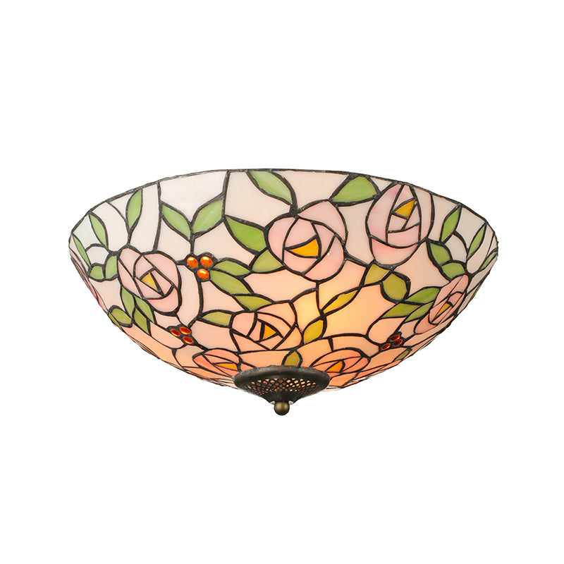 Bowl Flushmount Light Tiffany Style Stained Glass 3 Lights Flower Flush Mount Ceiling Fixture in Multicolor