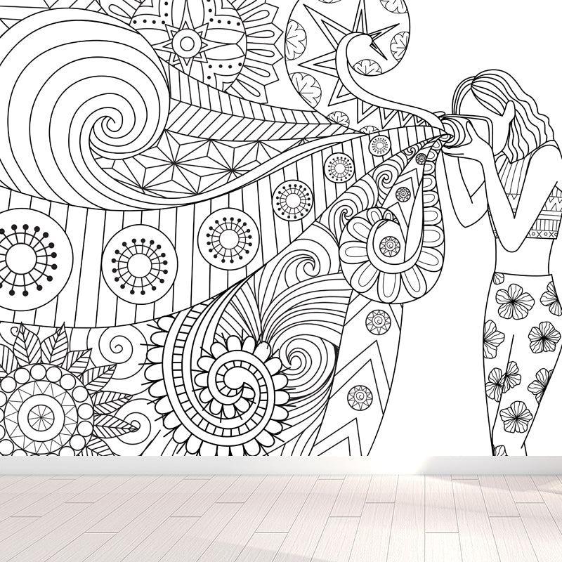 Art Deco Blossoming Wall Mural Black and White Stain-Proof Wall Covering for Girls Room