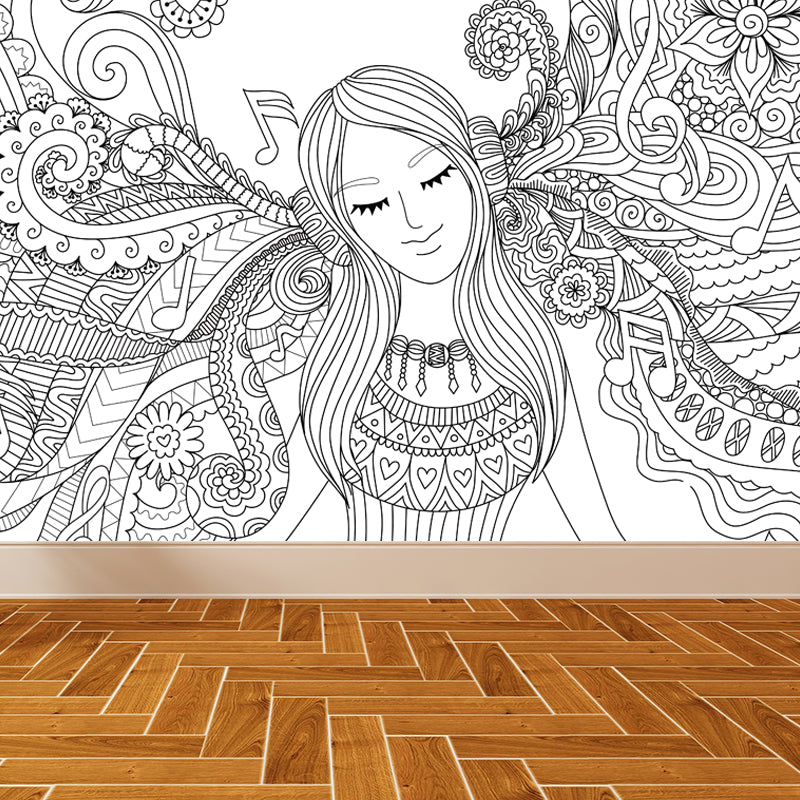 Art Deco Blossoming Wall Mural Black and White Stain-Proof Wall Covering for Girls Room