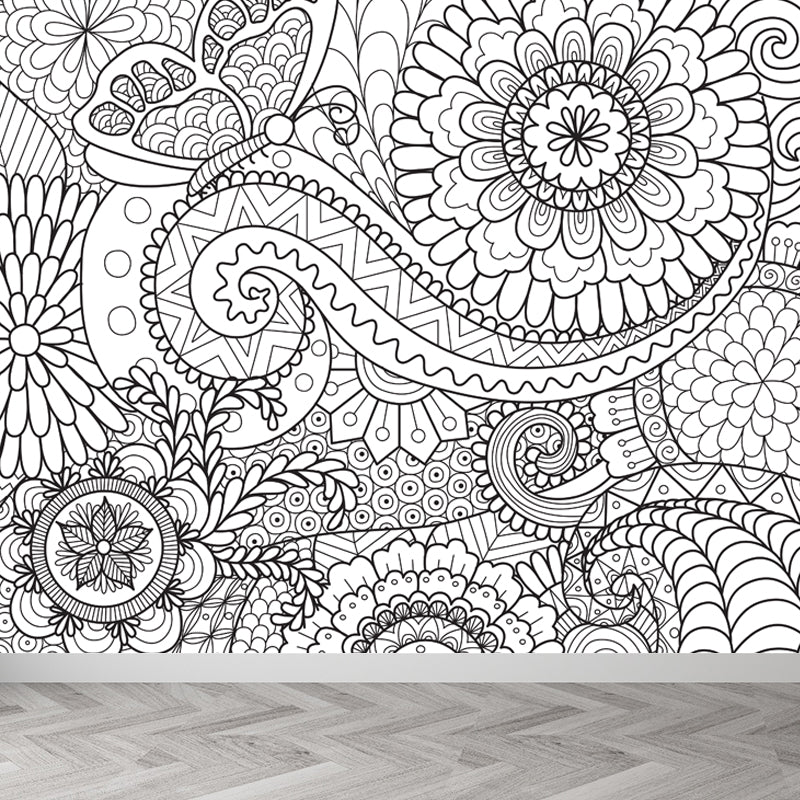 Art Deco Blossoming Wall Mural Black and White Stain-Proof Wall Covering for Girls Room