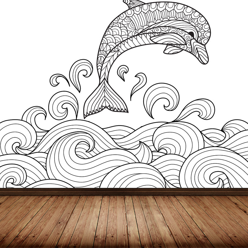 Art Deco Blossoming Wall Mural Black and White Stain-Proof Wall Covering for Girls Room