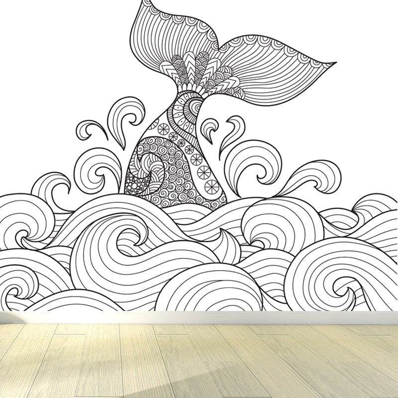 Hand-Print Fairy Tales Mural Black and White Cartoon Wall Decor for Childrens Room