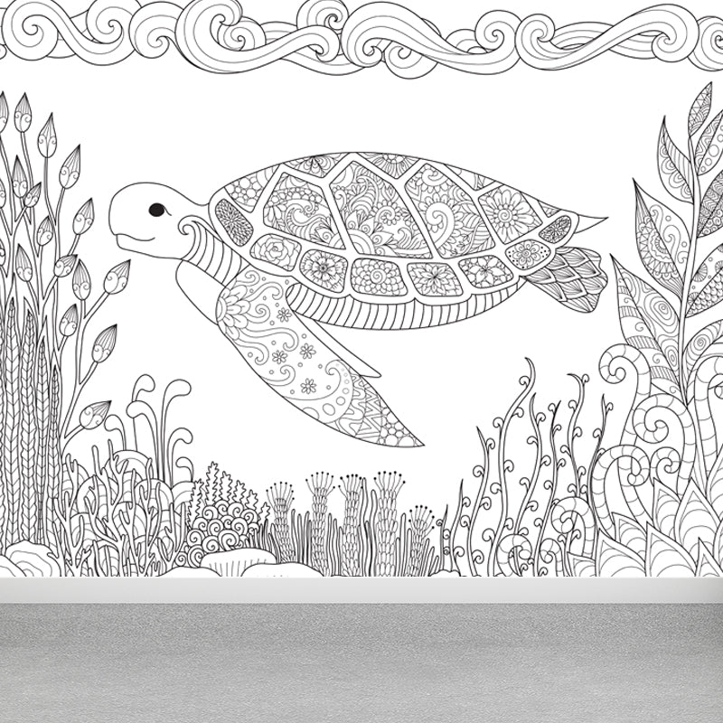 Hand-Print Fairy Tales Mural Black and White Cartoon Wall Decor for Childrens Room