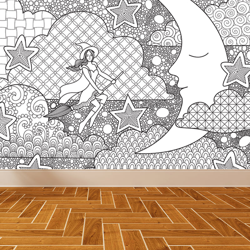Hand-Print Fairy Tales Mural Black and White Cartoon Wall Decor for Childrens Room