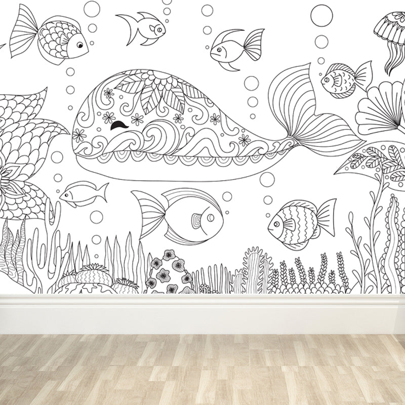Black and White Doodles Mural Wallpaper Fantasy Kids Moisture Resistant Wall Art