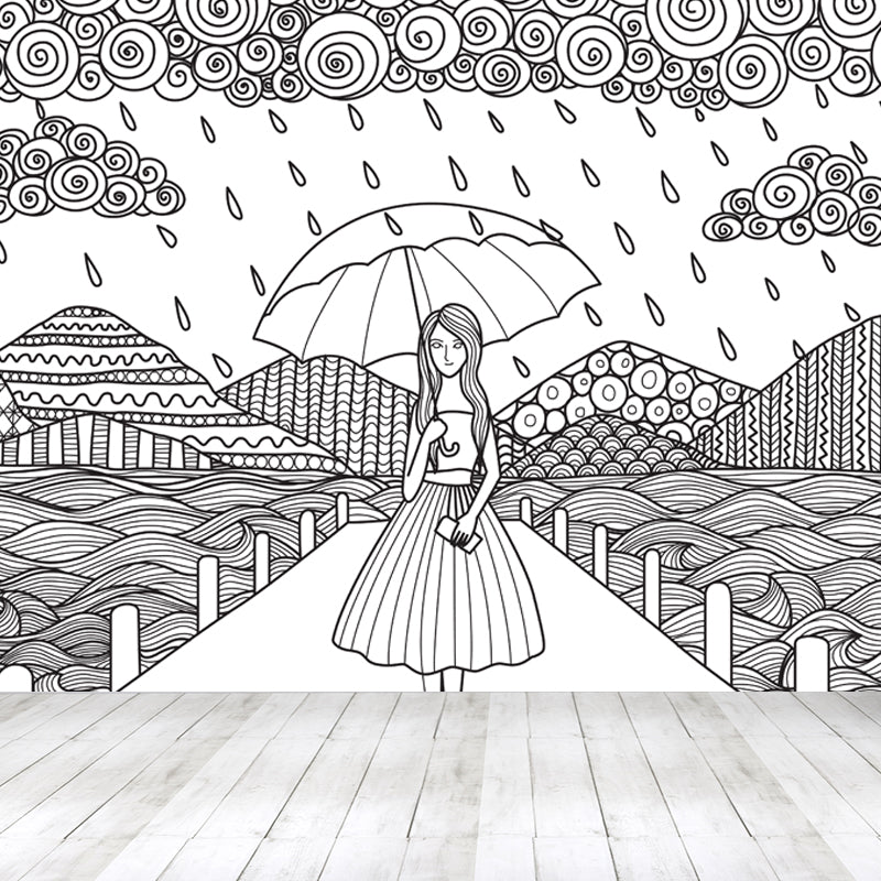 Black and White Doodles Mural Wallpaper Fantasy Kids Moisture Resistant Wall Art