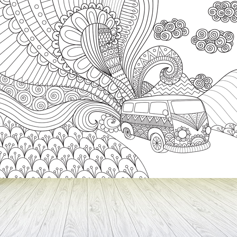 Full Size Cartoon Wallpaper Mural Black and White Hand Print Landscape Wall Covering, Custom Made