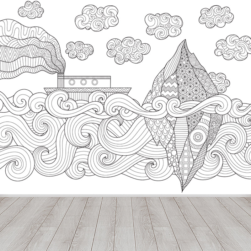 Full Size Cartoon Wallpaper Mural Black and White Hand Print Landscape Wall Covering, Custom Made