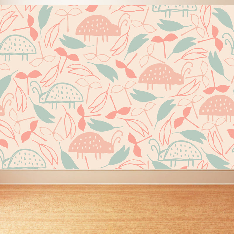 Illustration Flower Foliage Mural for House Interior, Soft Color, Custom Size Available