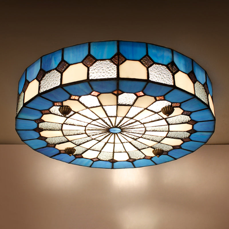 16"/23.5" W Round Ceiling Light Fixture Tiffany Style Stained Glass 3/4 Lights Flushmount Light in Blue for Living Room