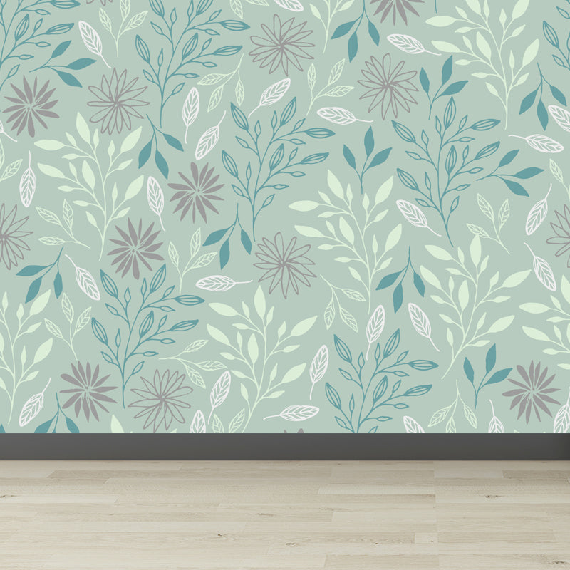 Modern Leaves Mural Decal Light Color Stain Resistant Wall Covering for Bathroom