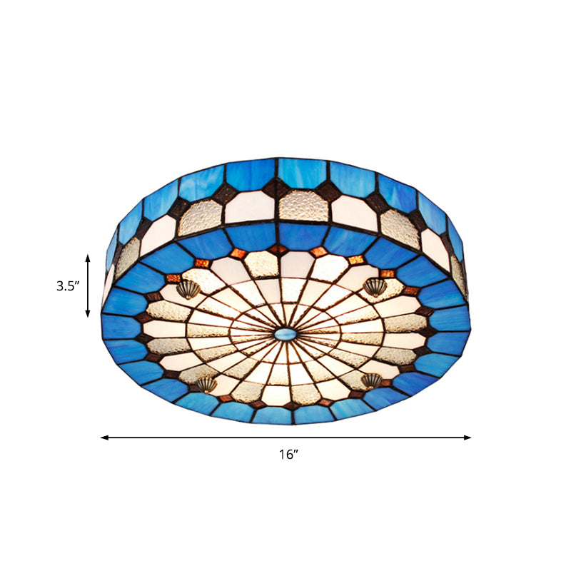 16"/23.5" W Round Ceiling Light Fixture Tiffany Style Stained Glass 3/4 Lights Flushmount Light in Blue for Living Room