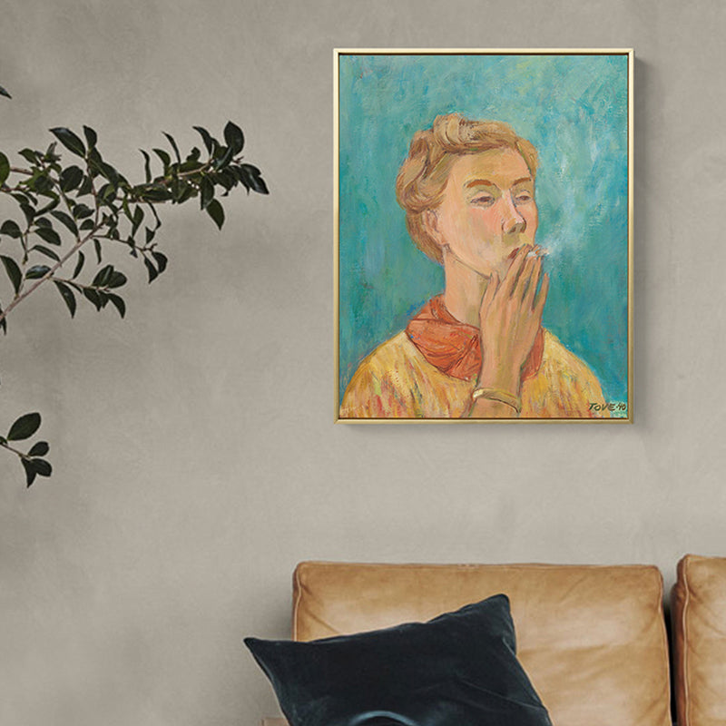 Modern Painting Boy Smoking Canvas Yellow Textured Wall Art Print for Living Room