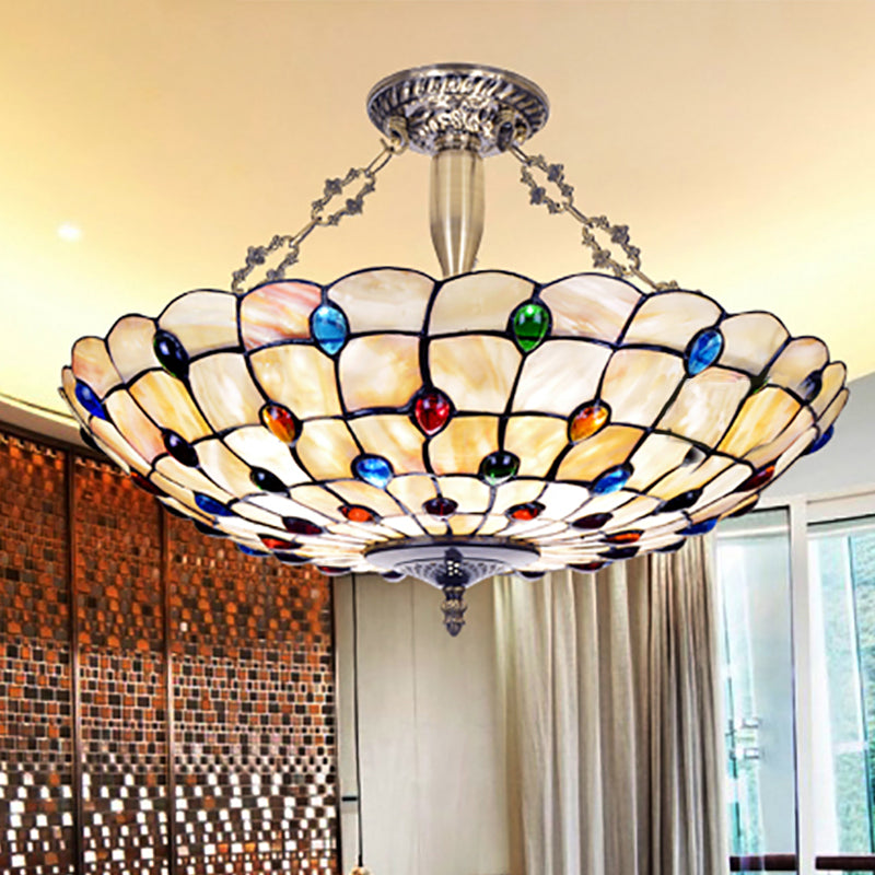 Vintage Bowl Ceiling Light Stained Glass 4 Heads Jewel Semi Flush Ceiling Fixture in Beige