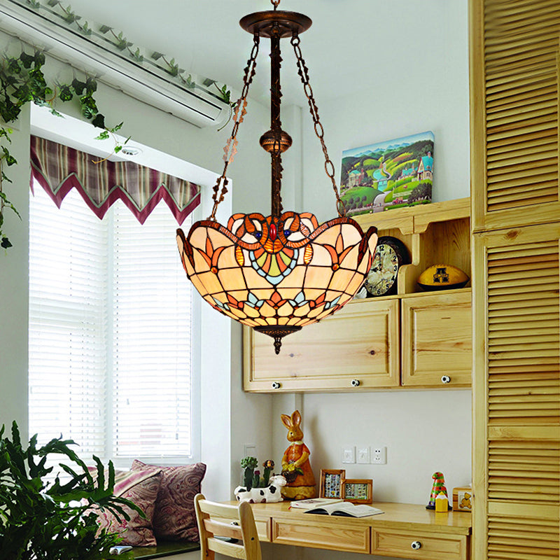 Ciotola Luce Light Retro Style Retro Stated Glass 3 Teste Semi -Flush Aitura del soffitto per l'illuminazione camera da letto