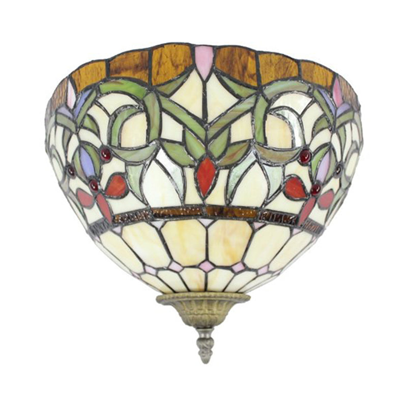 Rustic Bowl Wall Sconce Lighting Stained Glass 1 Bulb Wall Lighting in Multi Color for Staircase