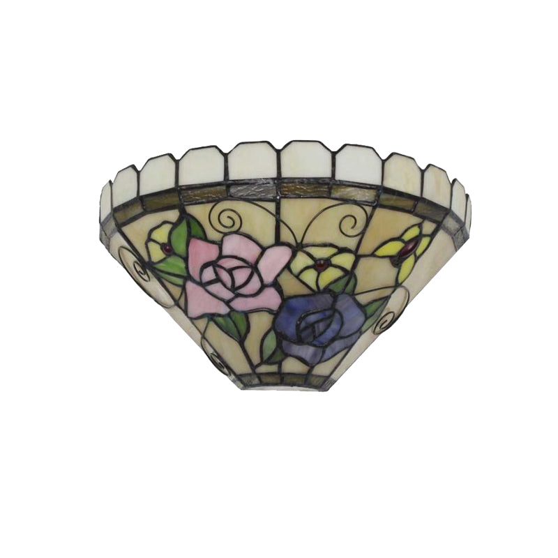 1 Light Beige Cone Wall Sconce Light with Flower and Butterfly Stained Glass Wall Lighting