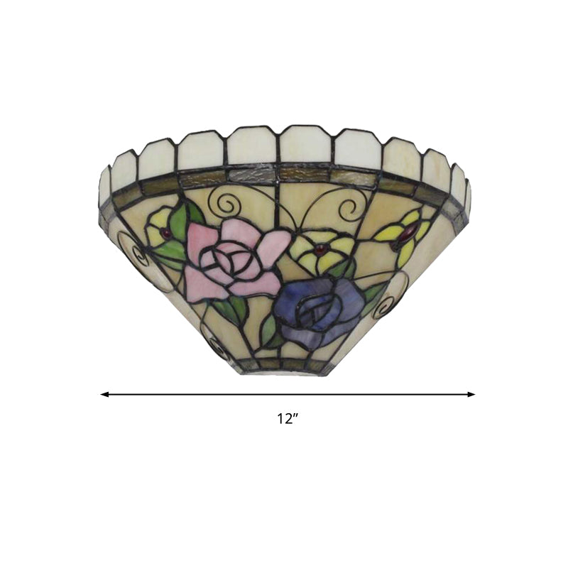 1 Light Beige Cone Wall Sconce Light with Flower and Butterfly Stained Glass Wall Lighting