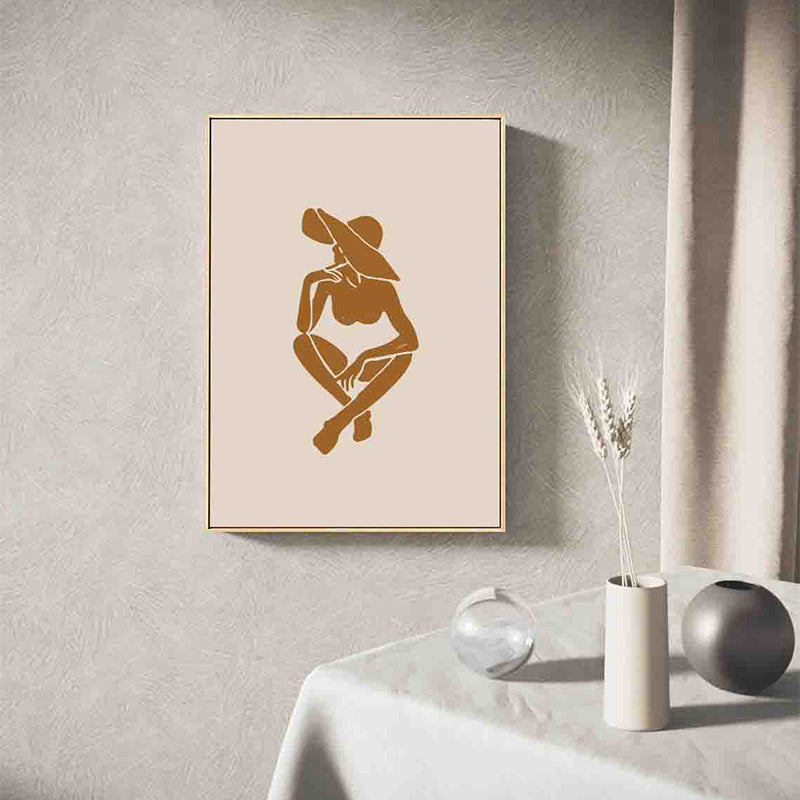 Brown Hatted Girl Art Print Figure Pattern Nordic Textured Wrapped Canvas for Sitting Room