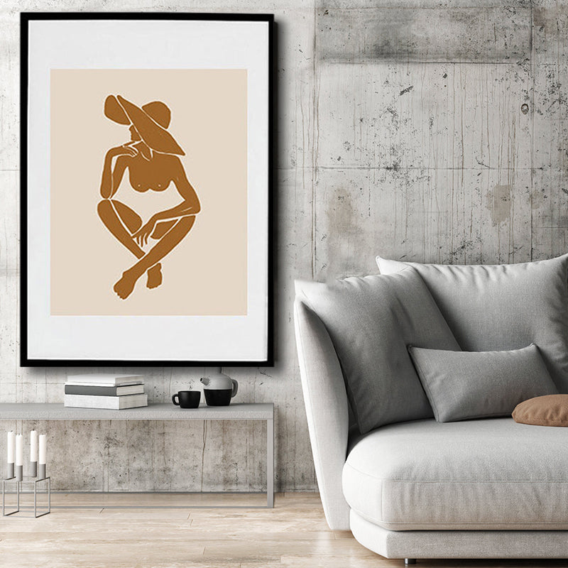 Brown Hatted Girl Art Print Figure Pattern Nordic Textured Wrapped Canvas for Sitting Room