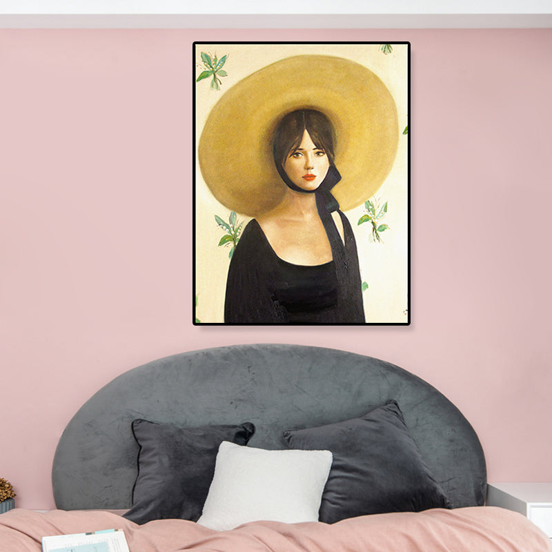 Yellow Traditional Wall Art Painting Print Woman with Straw Hat Canvas for Girls Room