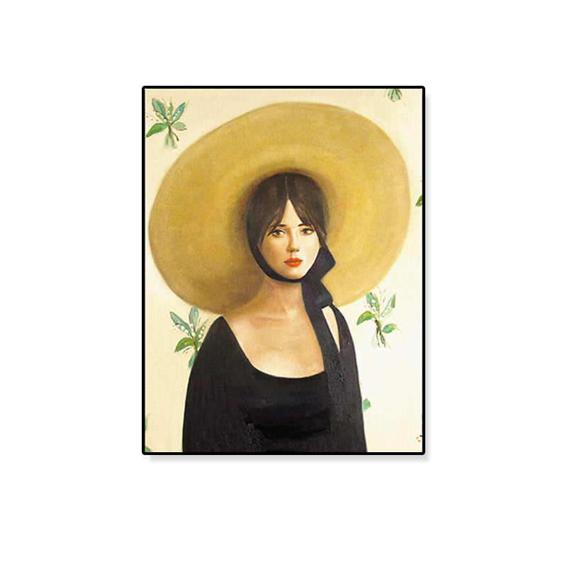 Yellow Traditional Wall Art Painting Print Woman with Straw Hat Canvas for Girls Room