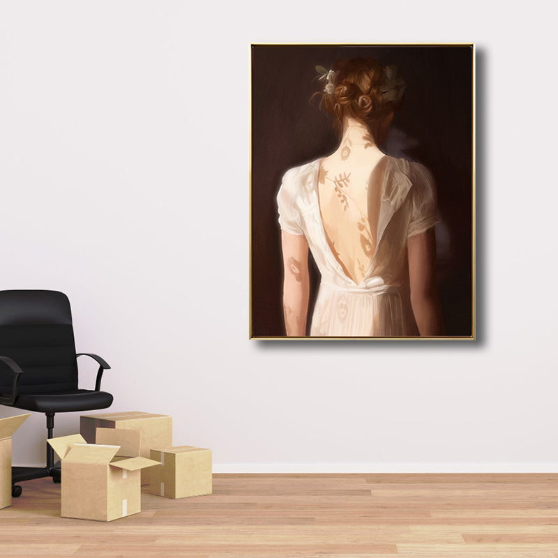 Light Brown Retro Canvas Painting Print Woman in White Wall Art Decor for Girls Room