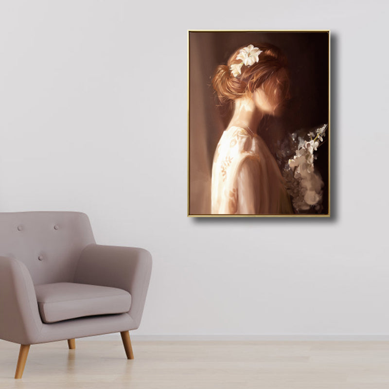 Light Brown Retro Canvas Painting Print Woman in White Wall Art Decor for Girls Room