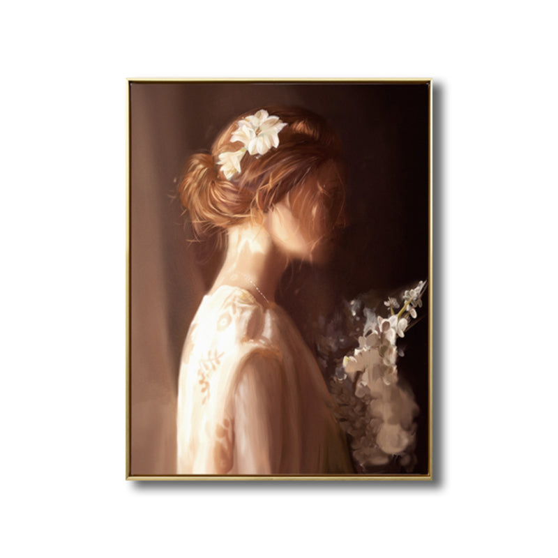 Light Brown Retro Canvas Painting Print Woman in White Wall Art Decor for Girls Room