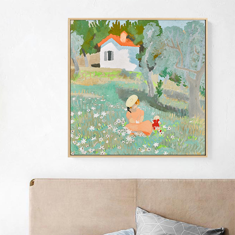 Green Traditional Canvas Print Girl Playing in Courtyard Painting for House Interior