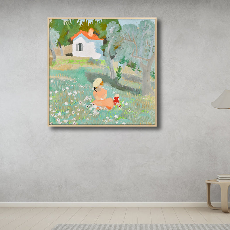 Green Traditional Canvas Print Girl Playing in Courtyard Painting for House Interior