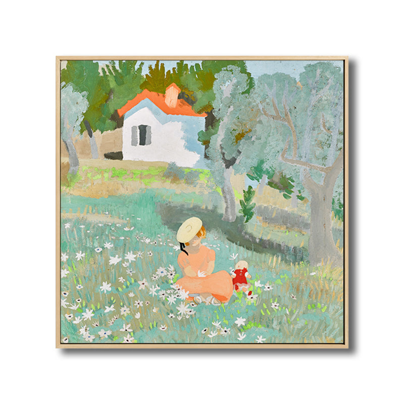 Green Traditional Canvas Print Girl Playing in Courtyard Painting for House Interior