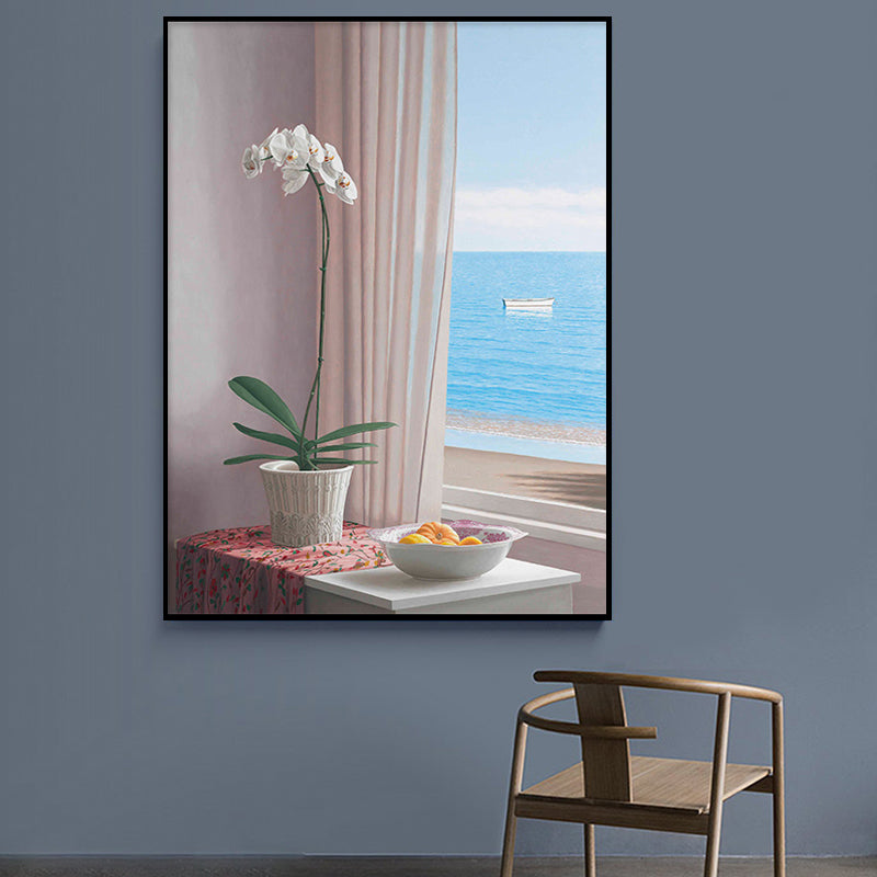 Blue Potting Wall Decor Flower Scandinavian Textured Canvas Print for Living Room