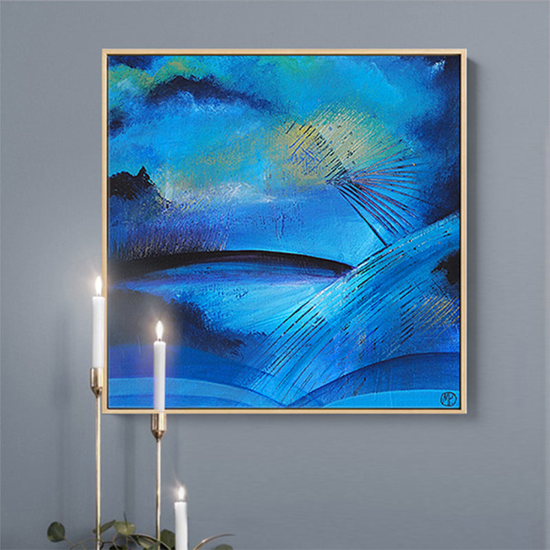 Dark Night Lake Scene Painting Abstract Traditional Textured Canvas Art for Home
