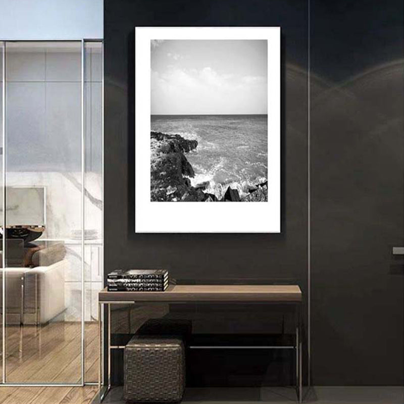 Tropical Rocky Bay Seascape Canvas Print Dark Color Textured Wall Art for Living Room