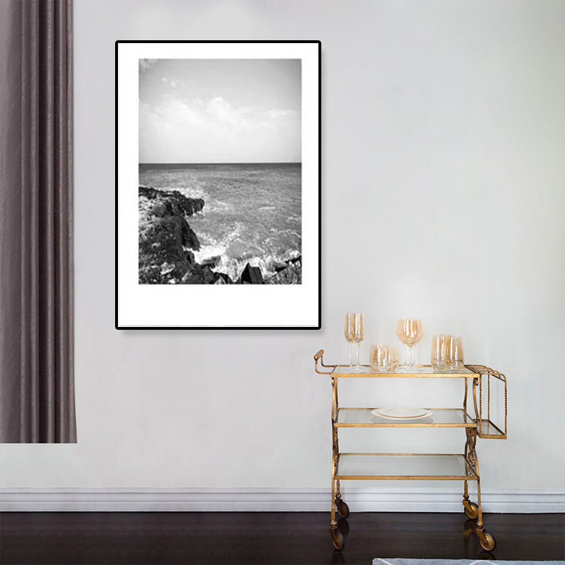 Tropical Rocky Bay Seascape Canvas Print Dark Color Textured Wall Art for Living Room