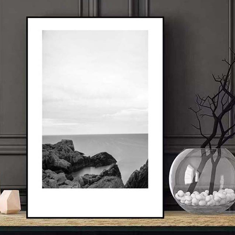 Tropical Rocky Bay Seascape Canvas Print Dark Color Textured Wall Art for Living Room