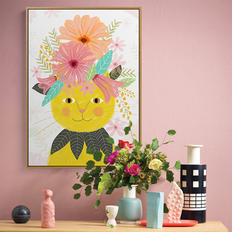 Cartoon Pet Wearing Flowers Art Print Canvas Textured Colorful Wall Decor for Nursery