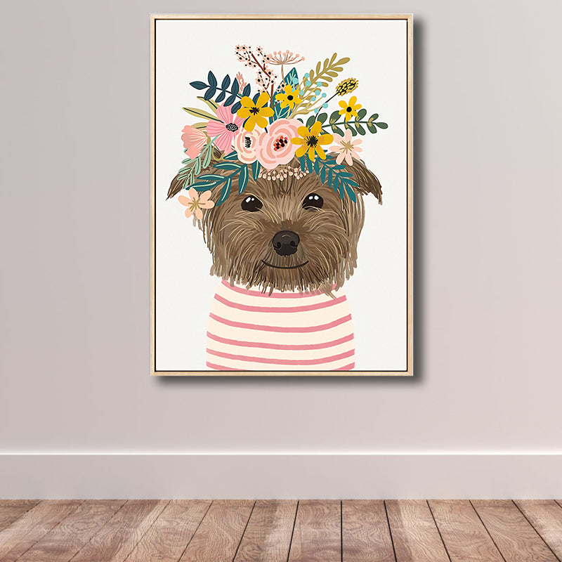 Cartoon Pet Wearing Flowers Art Print Canvas Textured Colorful Wall Decor for Nursery