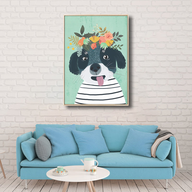 Cartoon Pet Wearing Flowers Art Print Canvas Textured Colorful Wall Decor for Nursery