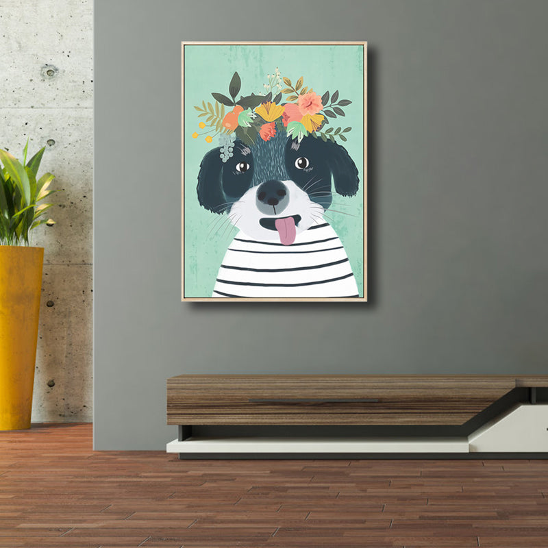 Cartoon Pet Wearing Flowers Art Print Canvas Textured Colorful Wall Decor for Nursery