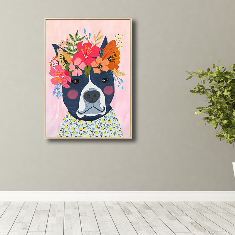 Cartoon Pet Wearing Flowers Art Print Canvas Textured Colorful Wall Decor for Nursery
