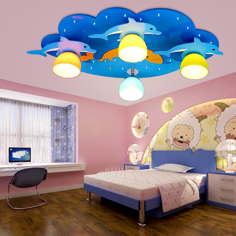 Nautical Style Sea Ceiling Light with Dolphin 4 Lights Wood Flush Mount Light in Blue for Kindergarten
