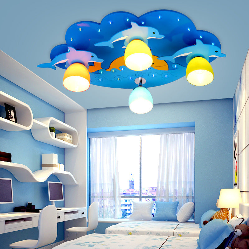 Nautical Style Sea Ceiling Light with Dolphin 4 Lights Wood Flush Mount Light in Blue for Kindergarten