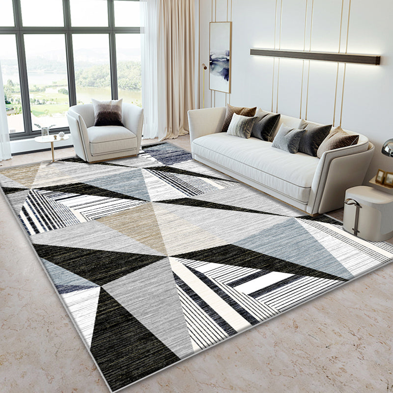 Grey Living Room Rug Minimalist Geometric and Plaid Pattern Rug Polyester Washable Anti-Slip Backing Pet Friendly Carpet